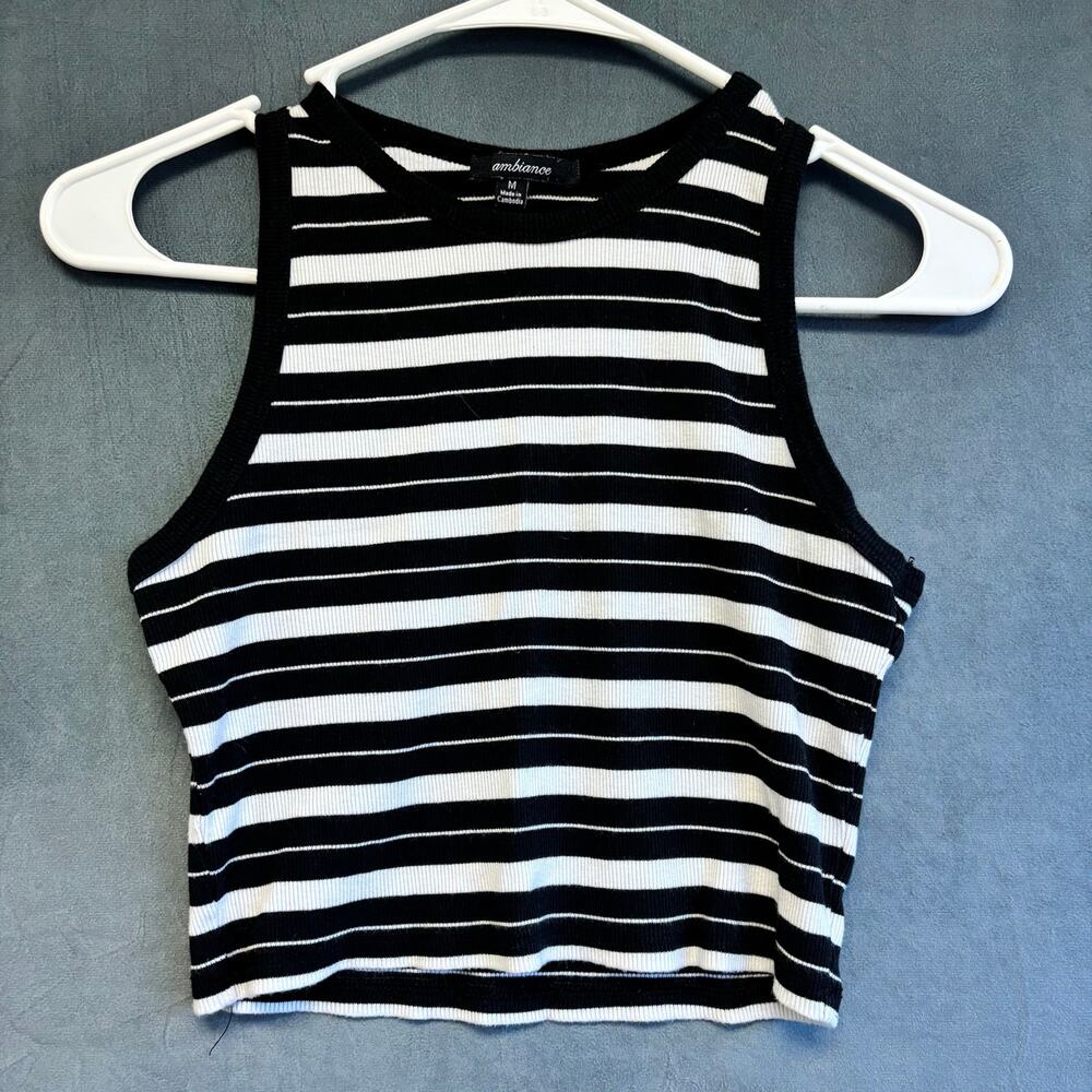 Ambiance Black White Striped Ribbed Crop Tank Top Women’s Medium Y2K
